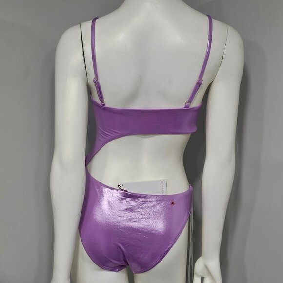 Red Carter Shimmer Asymmetric-Button One-Piece Swimsuit - Picture 4 of 10